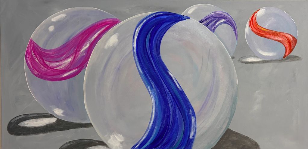 Painting of four glass marbles with colorful swirls on a gray background.