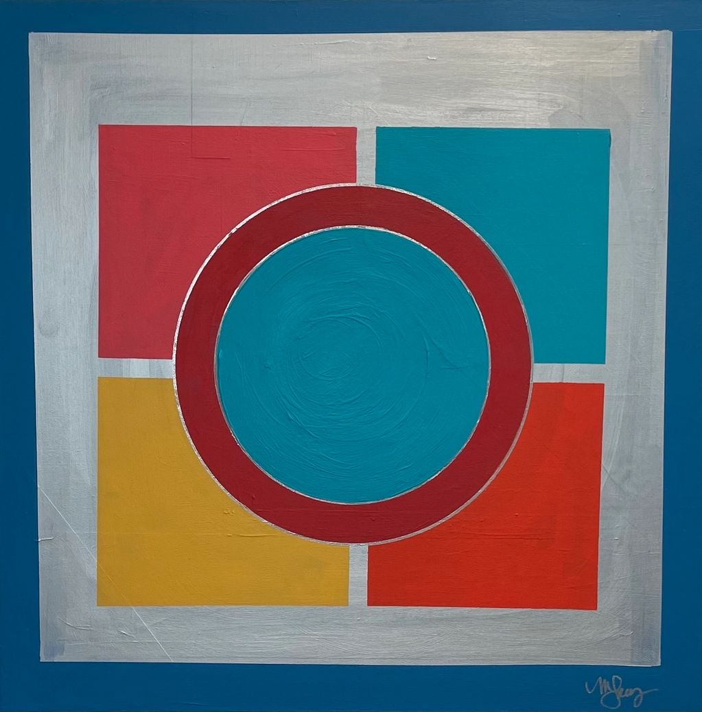 Abstract geometric painting with squares and circles in vibrant colors.
