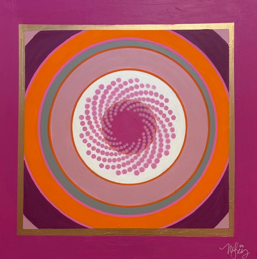 Abstract colorful circular pattern with concentric rings and dots.