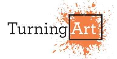 Logo with 'Turning Art' and orange paint splatter behind 'Art'.