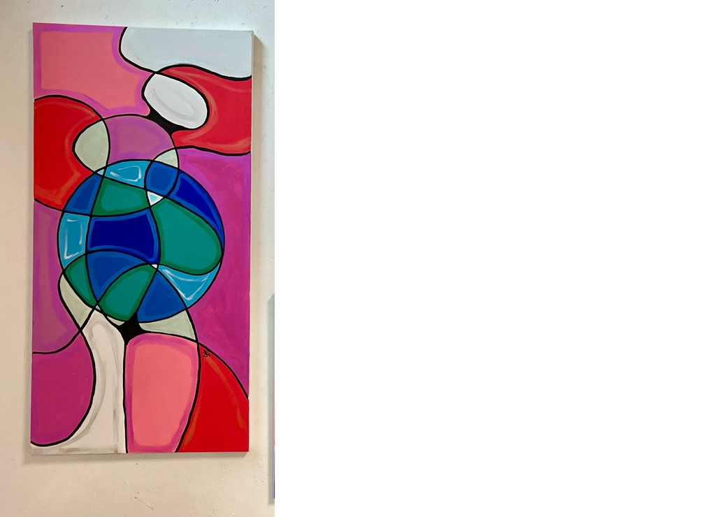 Abstract painting with vibrant colors and intersecting shapes on a canvas.