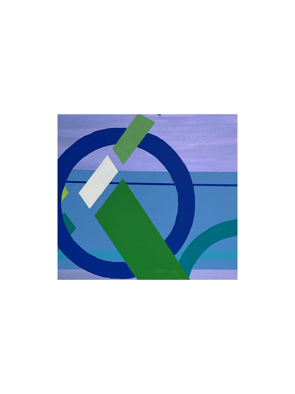 Abstract geometric painting with blue, green, and white shapes on a purple background.