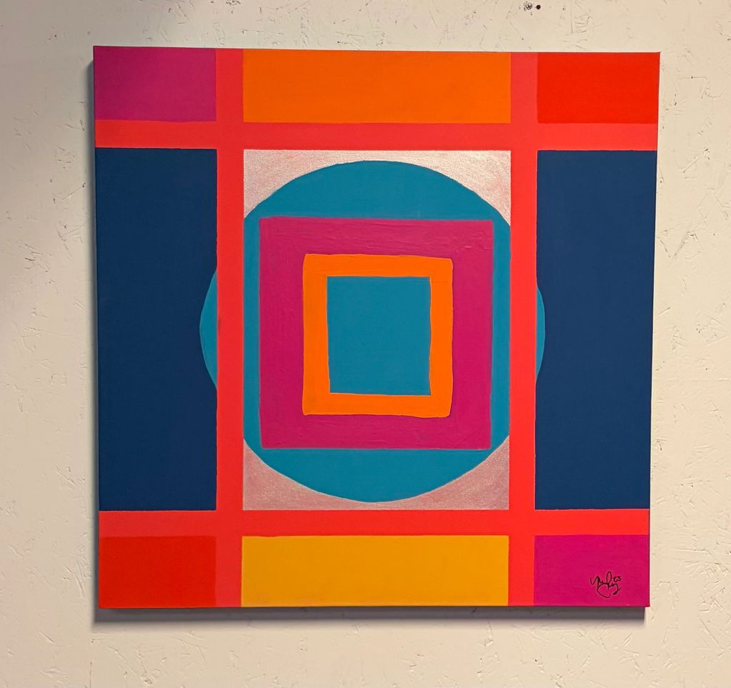 Colorful geometric abstract painting with squares and rectangles.