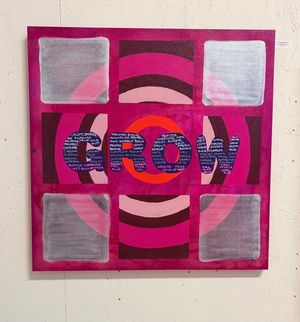 Abstract artwork with the word "GROW" filled with inspiring words on a vibrant purple and pink background.