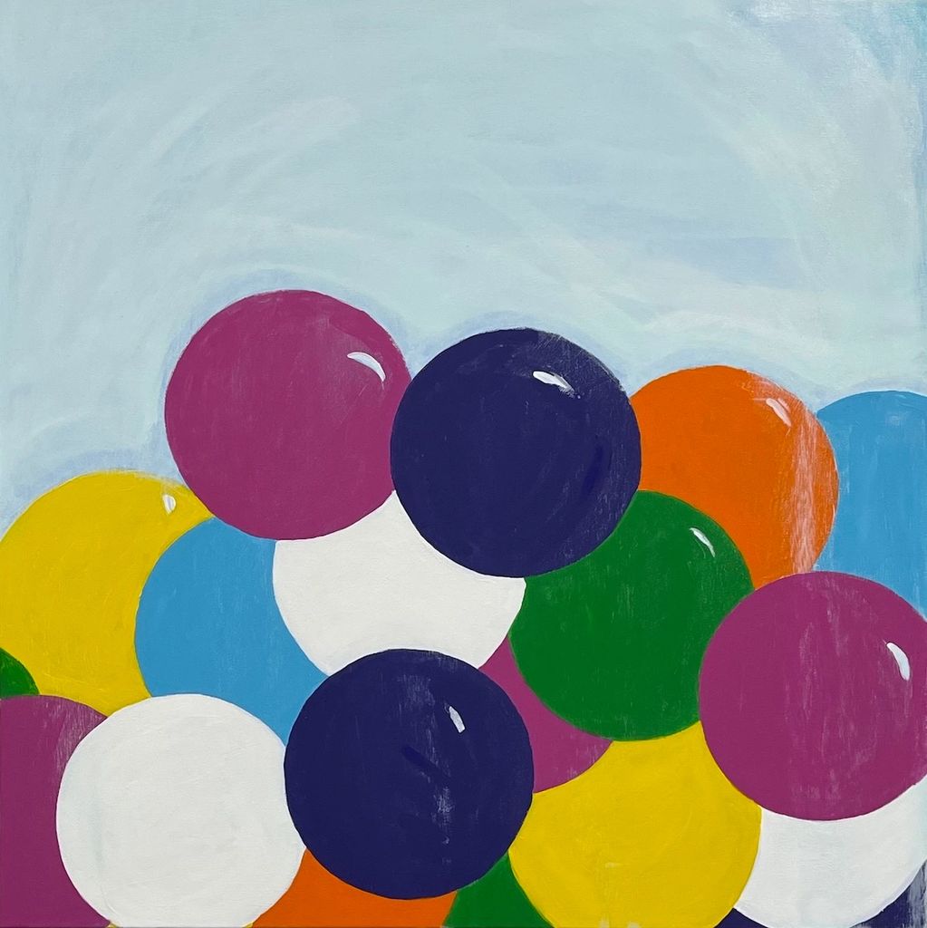 Colorful overlapping balloons against a light blue background.