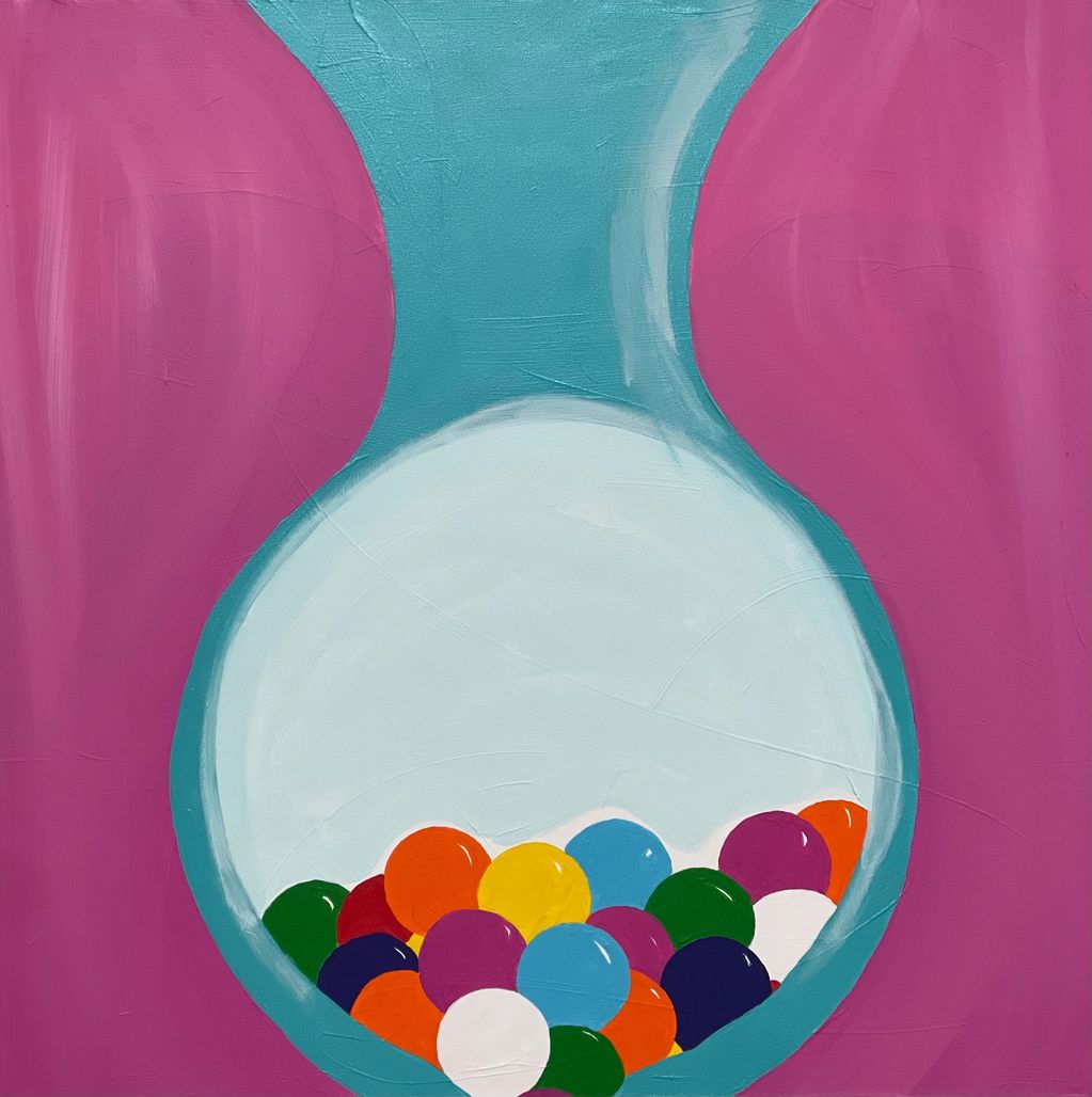 Abstract painting of a blue vessel with colorful spheres against a purple background.