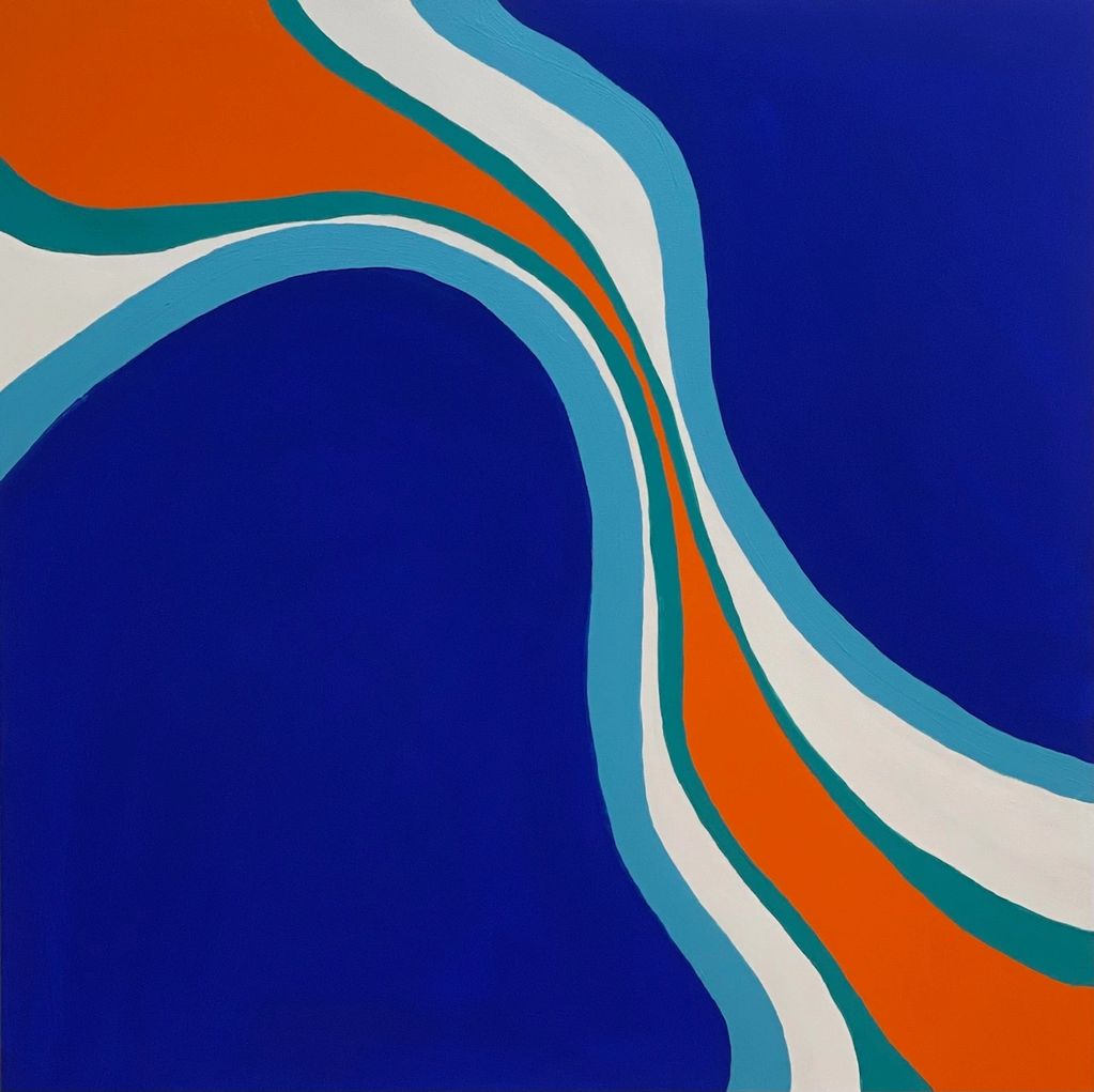 Abstract painting with flowing blue, orange, white, and teal curves.