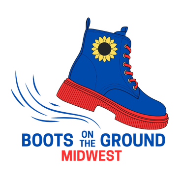 Logo with blue boot, sunflower, and text about Midwest.