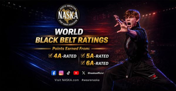 NASKA World Black Belt Ratings announcement with martial artist.