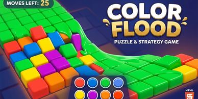 Color Flood puzzle game with colorful blocks and 25 moves left.