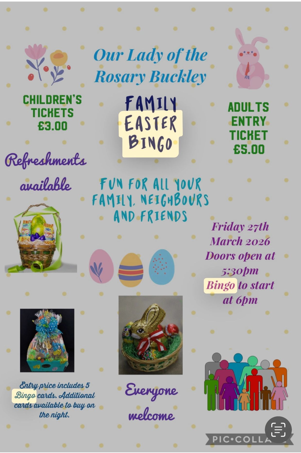 Family Easter Bingo event at Our Lady of the Rosary Buckley with tickets and refreshments.