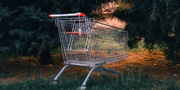 Empty shopping cart standing outdoors on grass near trees.
