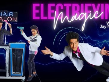 Magician performing electrifying hair salon magic with assistants.