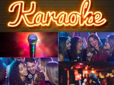 Vibrant karaoke night with friends singing and a glowing microphone.