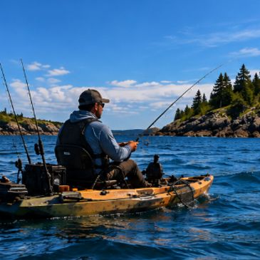 Man fishing from a kayak on a lake.