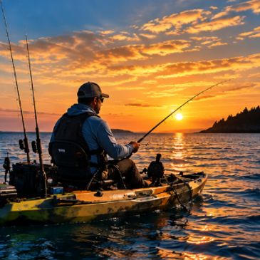 Person fishing from a kayak at sunset.