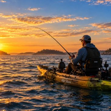 Person fishing from a kayak at sunset.