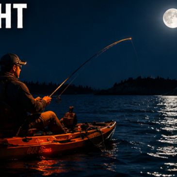 Man fishing at night from a kayak under a full moon.