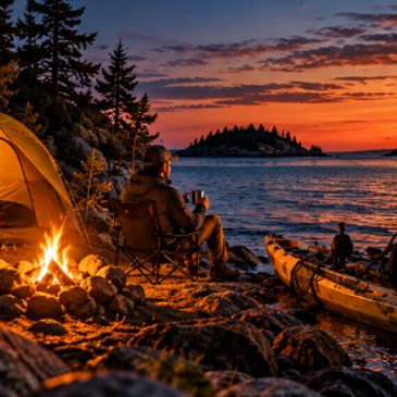 Person camping by a lakeside at sunset with a kayak and campfire.