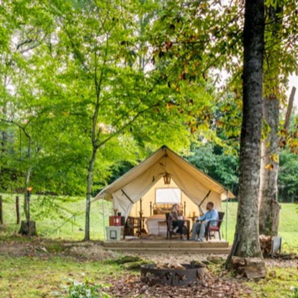 Enjoy porch sitting in the woods with the campsite creek running alongside the fire pit.