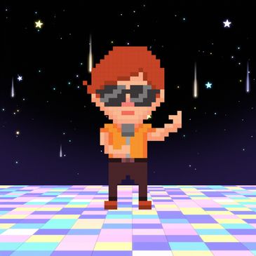 Pixel art character dancing with sunglasses under a starry sky.