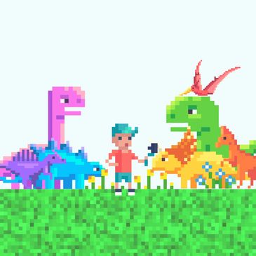 Pixel art of a child interacting with colorful dinosaurs.