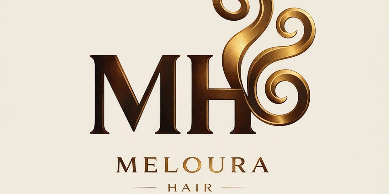 A gold brand logo showing letters M and H side by side with the words Meloura Hair underneath them.
