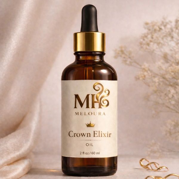 Meloura Crown Elixir in an amber dropper bottle.