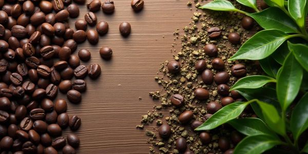 Coffee beans, ground coffee, and green leaves on a wooden surface.