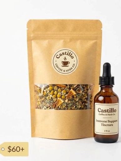 Castillo Coffee & Herb Co. immune support tincture and herbal tea pack.