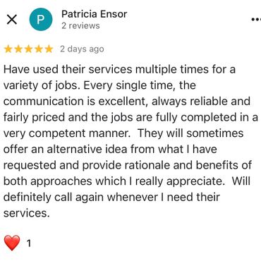 Positive review praising excellent communication, reliability, and competent job completion.