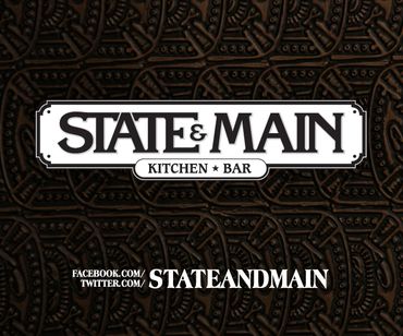 Logo for State &amp; Main Kitchen &amp; Bar with social media handles.