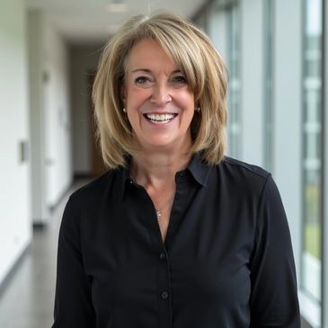 Smiling woman in black shirt standing in a bright hallway.