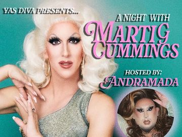 Poster for a drag event featuring Marti Cummings and host Andramada.