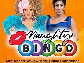 Two drag queens promoting Naughty Bingo event with colorful balls and bright orange background.