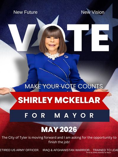 Shirley McKellar campaigns for Tyler mayor in May 2026 election.