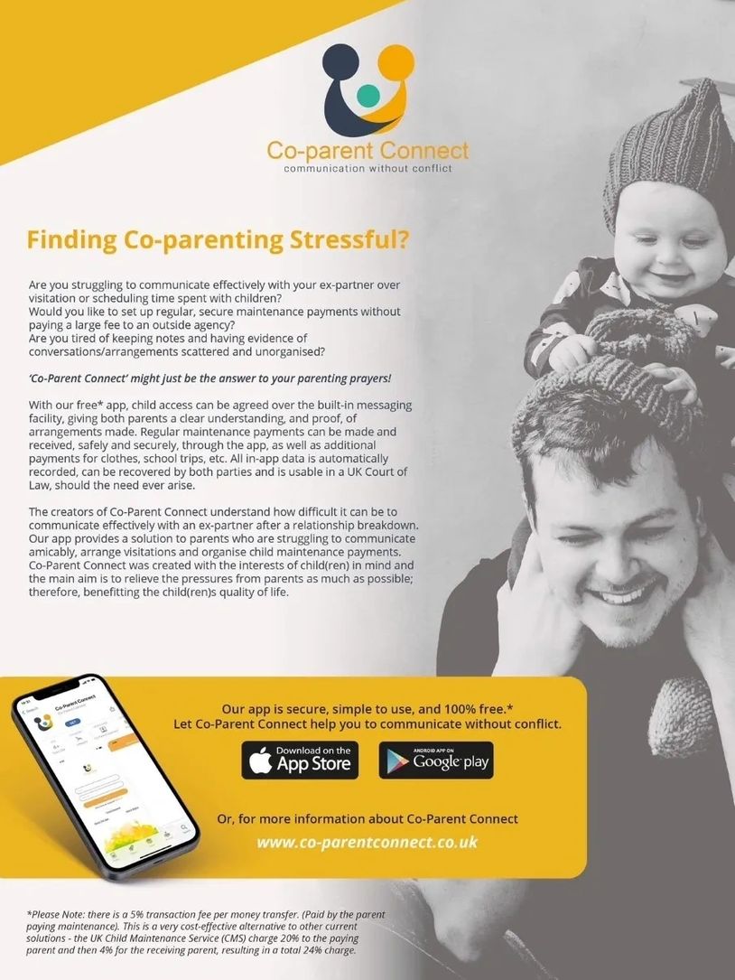 Marketing piece for co-parent connect. Yellow and grey design. The writing is on the left
