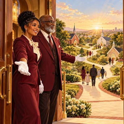 Illustration of two generations of ushers opening the door to a growing church community.