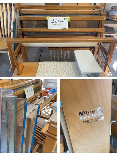Wooden loom for sale at $600 with accessories and brand label.