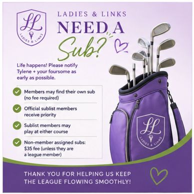 Golf club bag with info on subbing for Ladies &amp; Links league members.