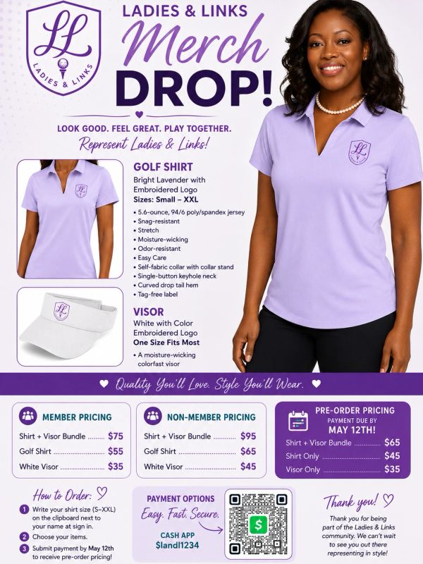 Ladies &amp; Links merch drop featuring a bright lavender golf shirt and white visor with embroidered logo.