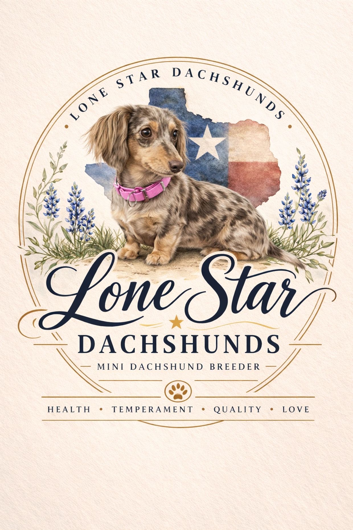 Logo featuring a mini dachshund with Texas flag background for Lone Star Dachshunds.