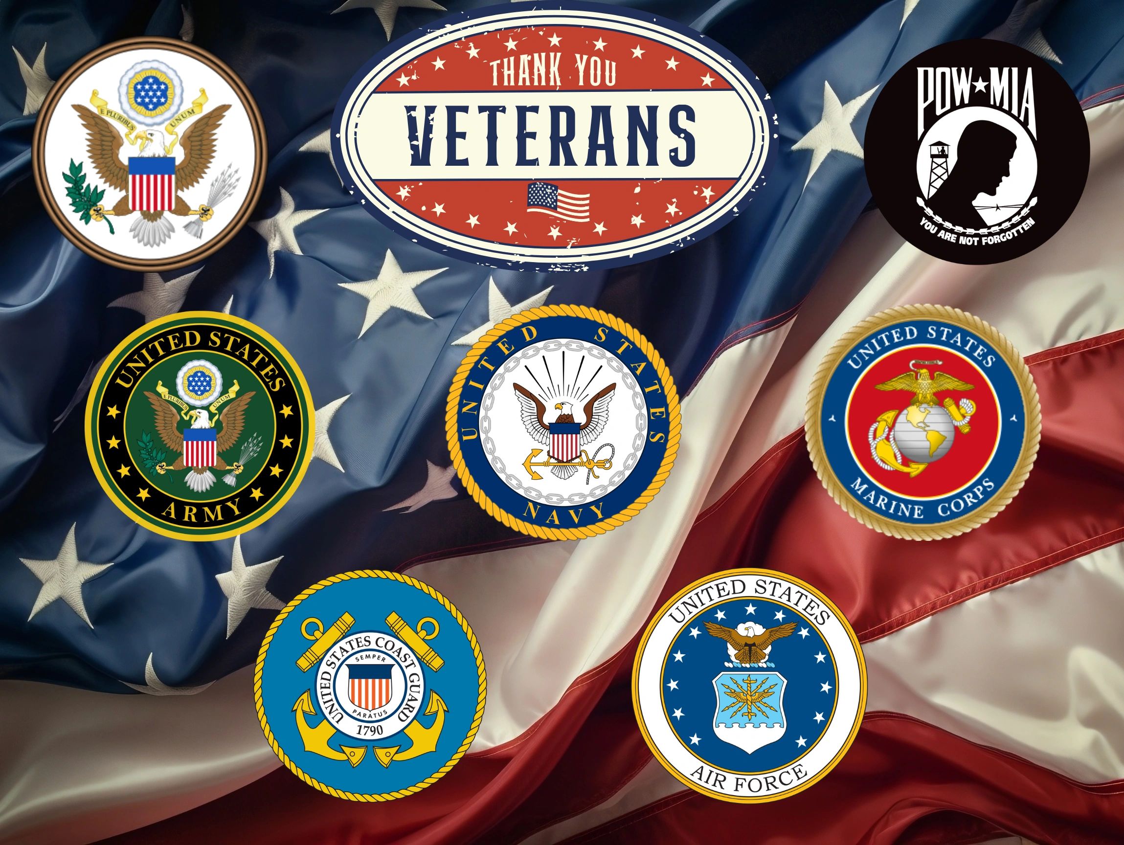 U.S. military branch logos overlaid on an American flag background.