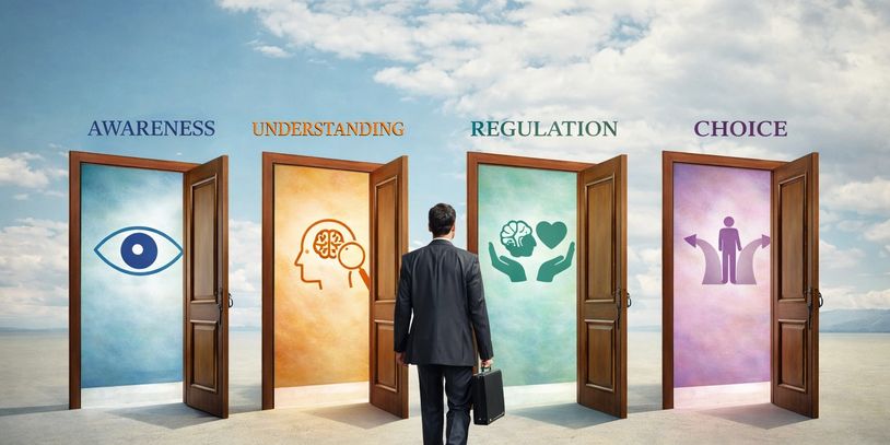 Man choosing between doors labeled Awareness, Understanding, Regulation, and Choice.