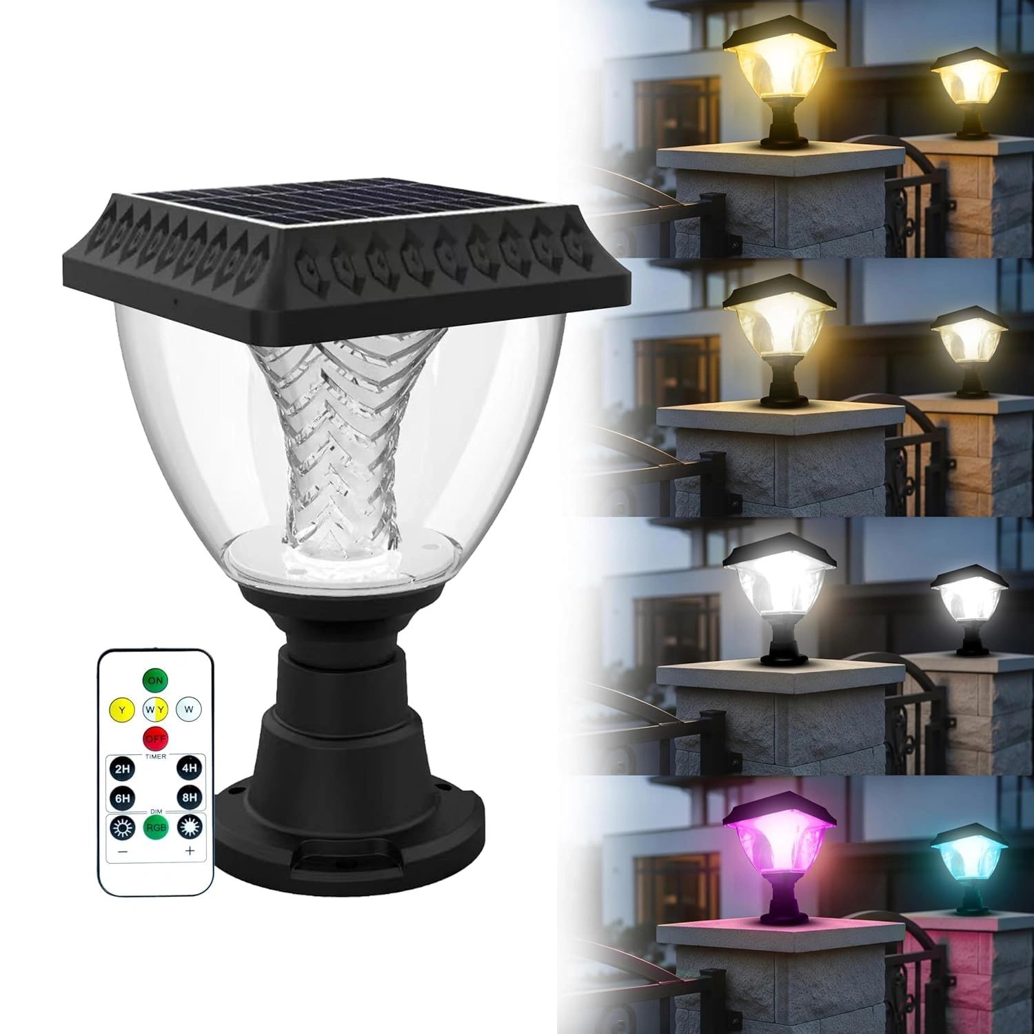 kh Solar Gate Light with Remote Control | Warm White, Cool White & RGB Modes | 10W LED Post Lamp | IP65 | Automatic Dusk to Dawn | Solar Pillar Light for Gate, Garden, Wall & Boundary