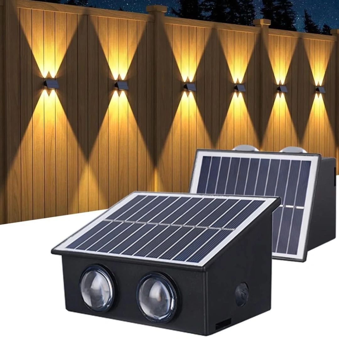kh Solar Outdoor Wall Lights Up and Down 4 LED Outdoor Lamp Solar Wall Lights, IP65 Waterproof Patio Wall Light, Solar Exterior Lights for House Garage Garden (Warm White) (Pack of 1)