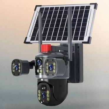 A solar-powered security camera system with multiple lenses and antennas.