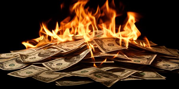 Dollar bills burning with bright orange flames against a black background.