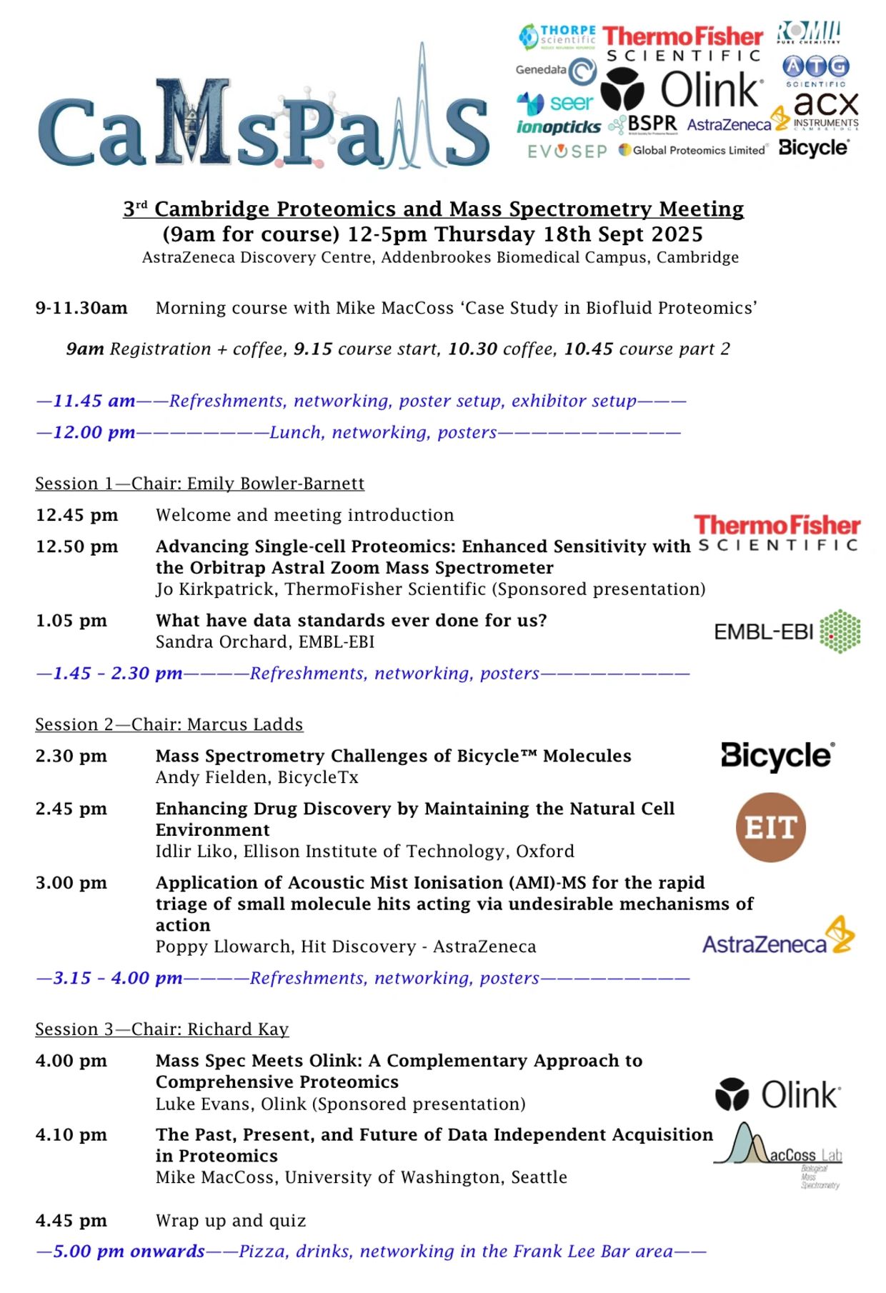 Schedule for the 3rd Cambridge Proteomics and Mass Spectrometry Meeting on Sept 18, 2025.