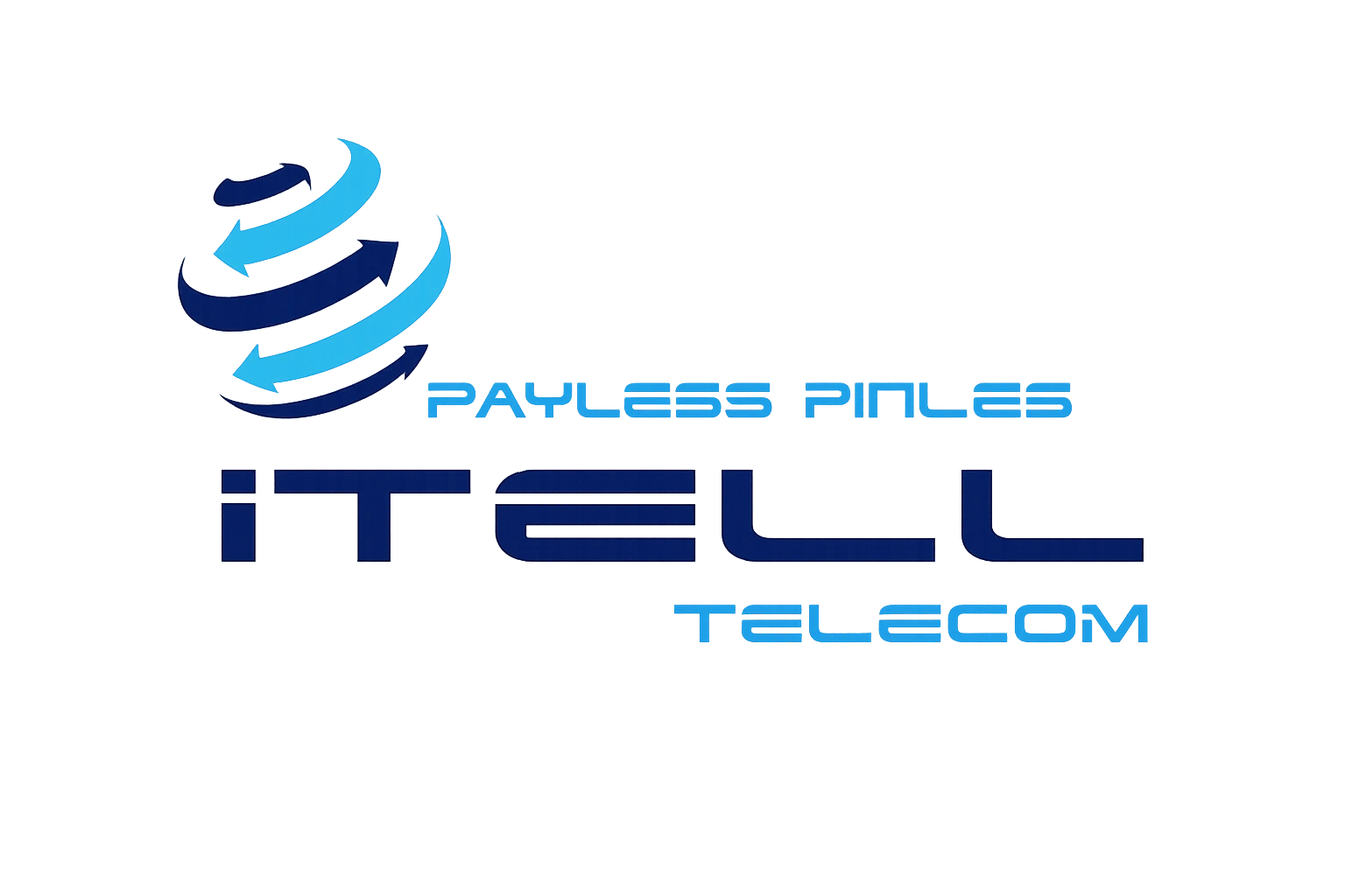 Logo with swirling arrows and text 'Payless Pinless iTELL Telecom'.